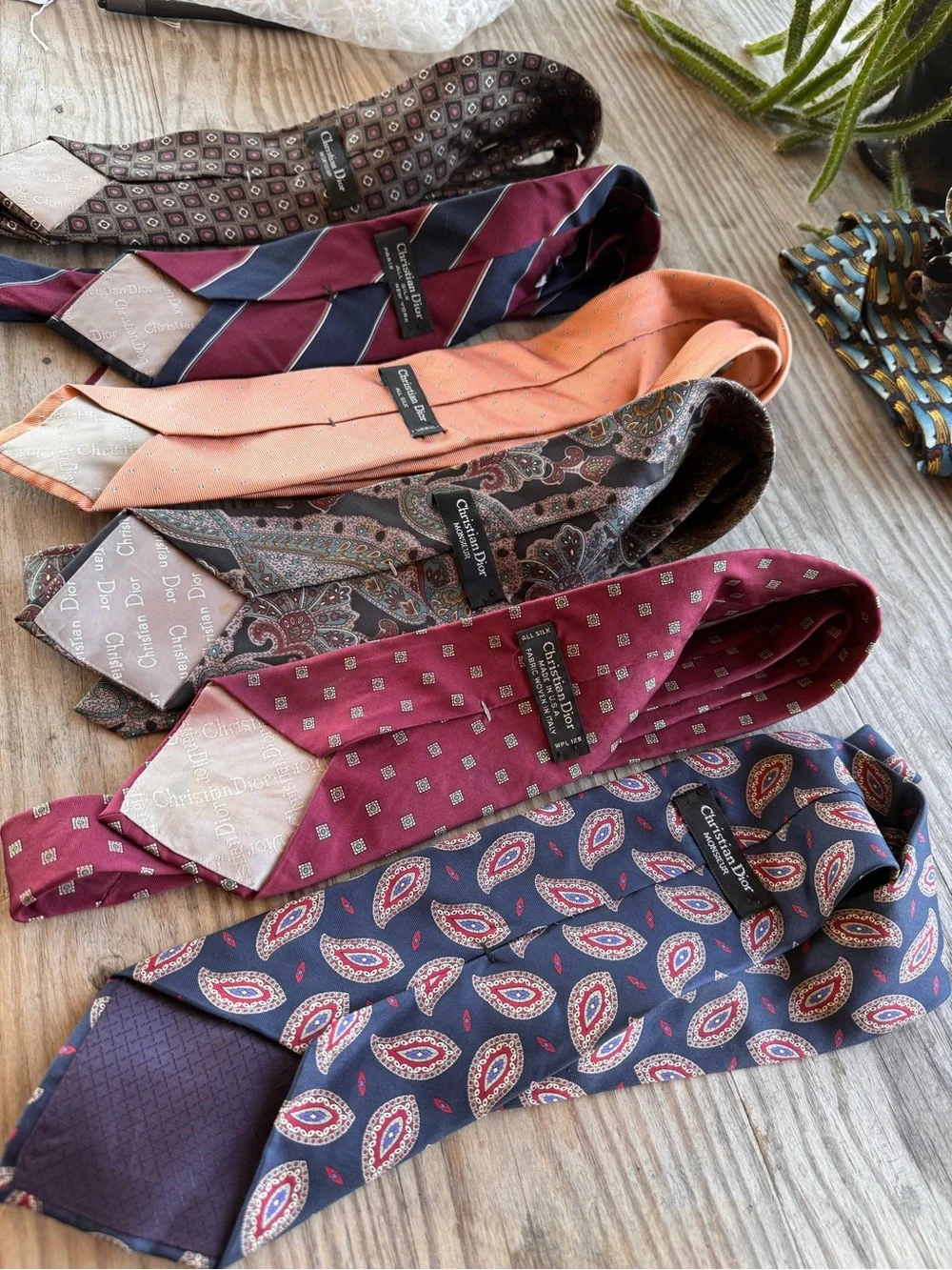 Dior Men's Neckties in Burgundy, Navy, Peach, Brown and Gray Patterns